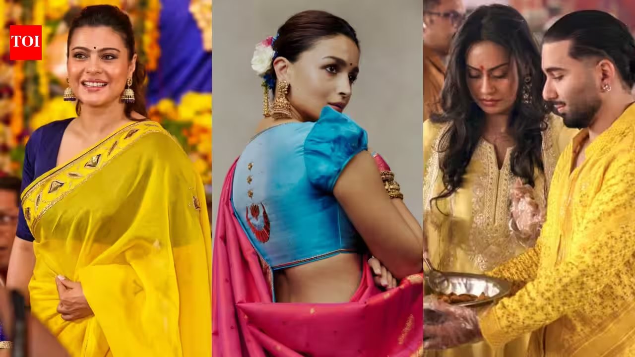 Kajol’s Mustard‑Yellow Chiffon Saree & Blue V‑Neck Blouse: Festive Styling Made Effortless