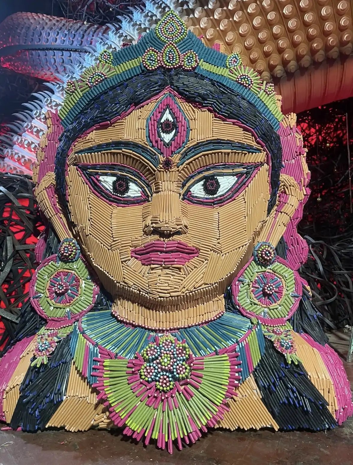 Artist Tilak Crafts Durga Idol from 13,000 Recycled Pens in Kolkata's Tridhara Sammilani