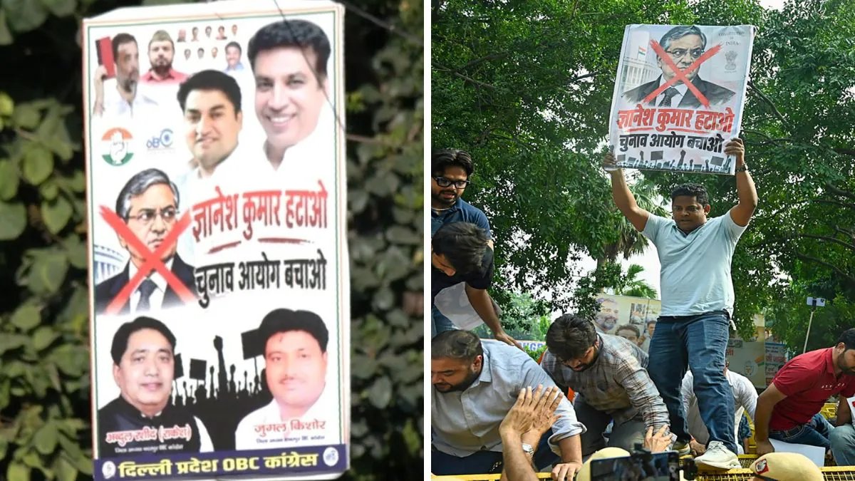 Congress Posters Demand Removal of CEC Gyanesh Kumar Amid Election Roll Dispute