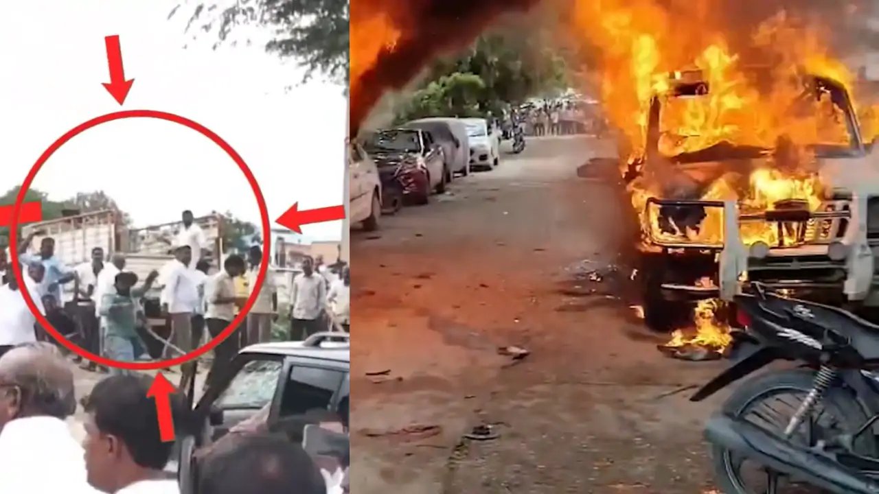 TDP and YSRCP Cadres Clash, Torching Vehicle During Andhra Pradesh Nomination